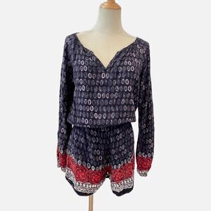 Lilka Nandini Shorts Romper Anthropologie Long Sleeves Batik Blue Small
